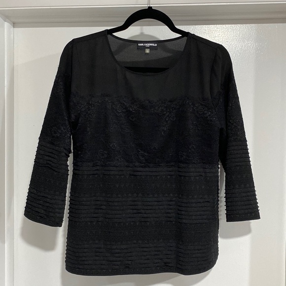 Karl Lagerfeld lace and ribbed 3/4 arm blouse - Picture 1 of 4